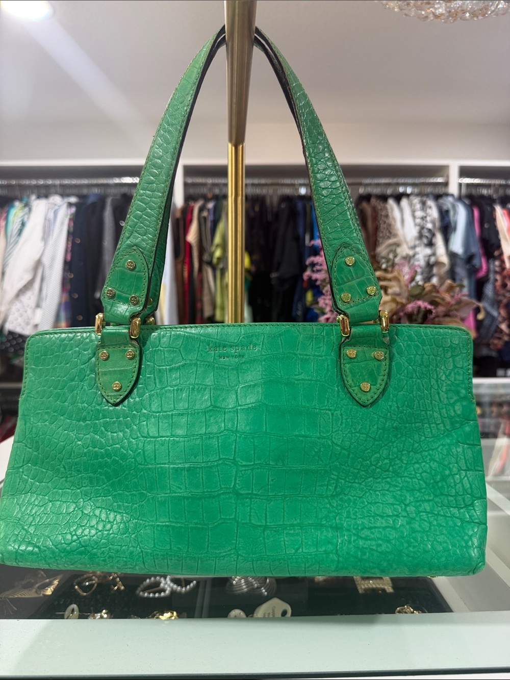 kate spade Croc-Embossed Emerald Green Leather Shoulder Bag with Gold Hardware